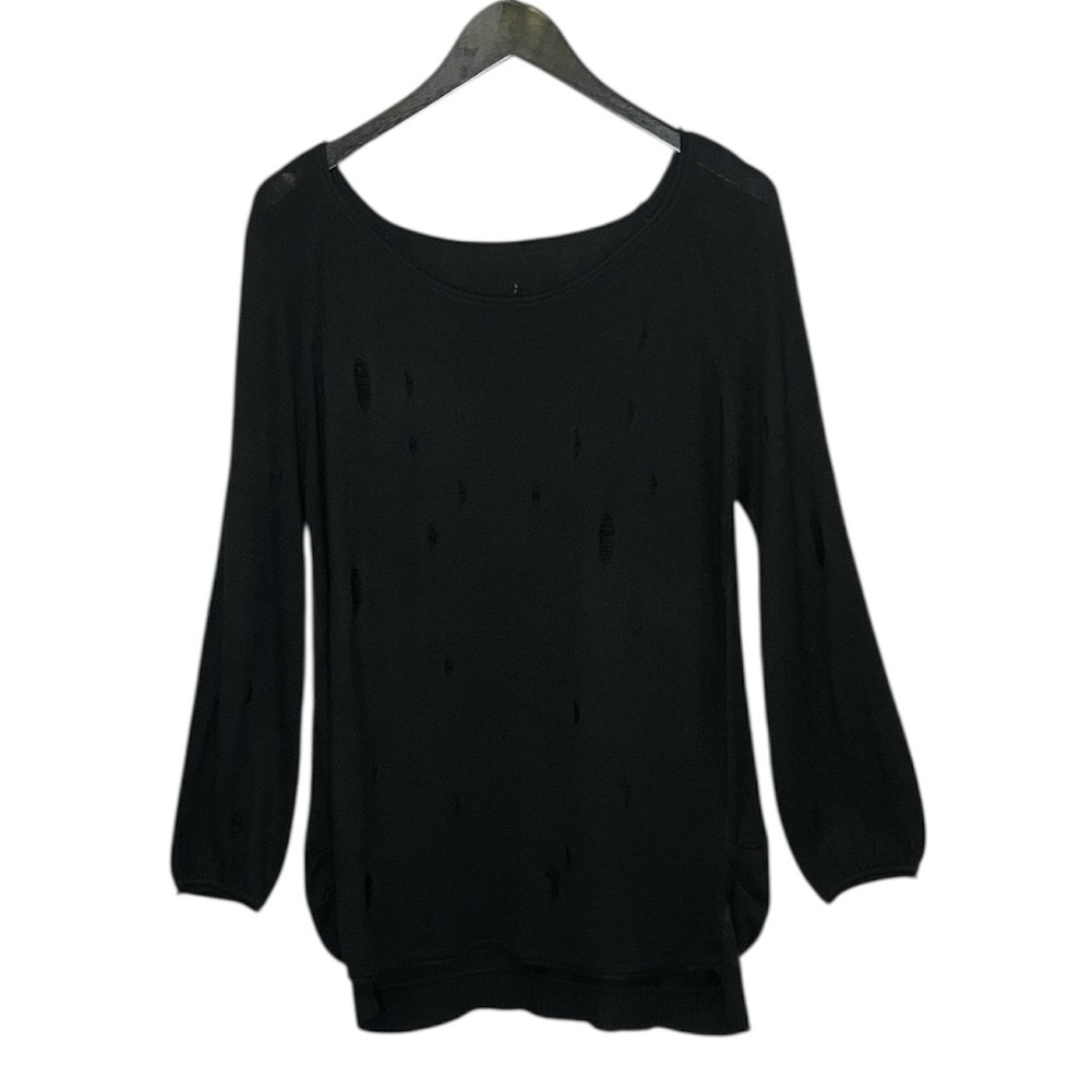 WOMENS BLACK BOATNECK DISTRESSED TUNIC ANGORA BLEND SOFT SWEATER SIZE MEDIUM